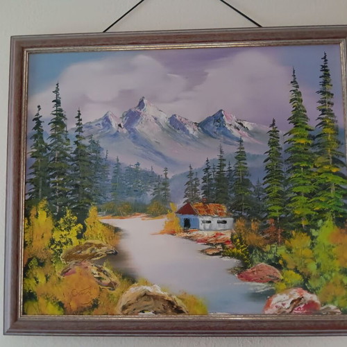 Wall decor painting like new with house in forest