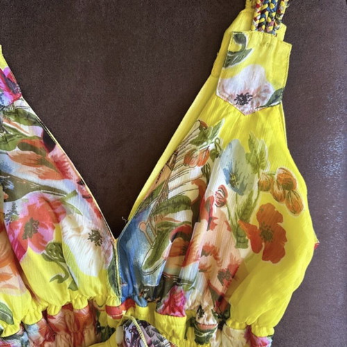 Bright Yellow Tropical Floral Chiffon Mini Dress very good condition