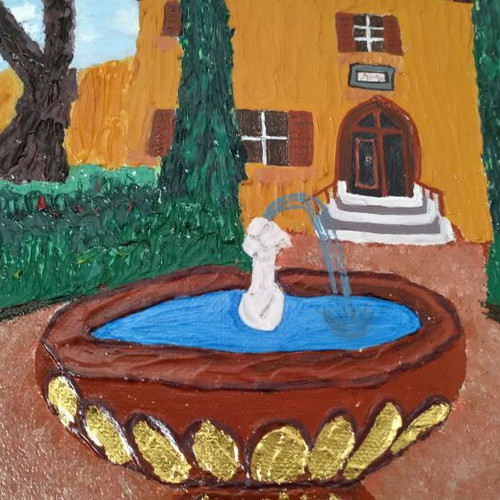 Painting on canvas Villa with fountain, new, 39x39 cm