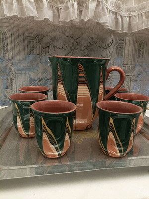 Clay serving set with jug and six glasses like new