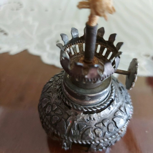 Oil lamp used, miniature with yellow glass and metal fittings