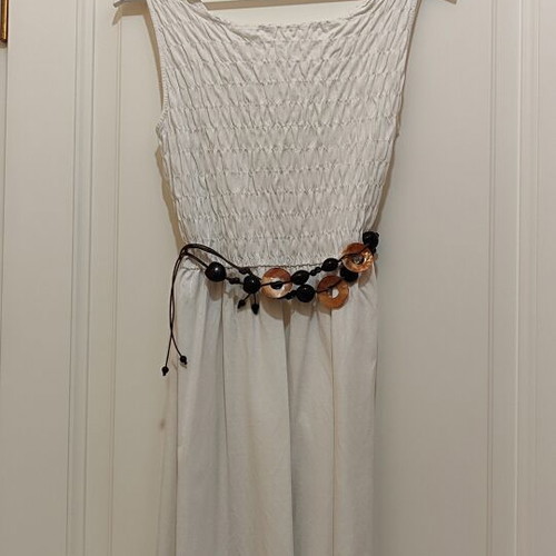 Boho dress with smocked bodice and wooden belt set, like new, white/cream