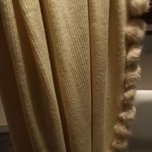 Scarf beige like new with fur pom poms and fringes