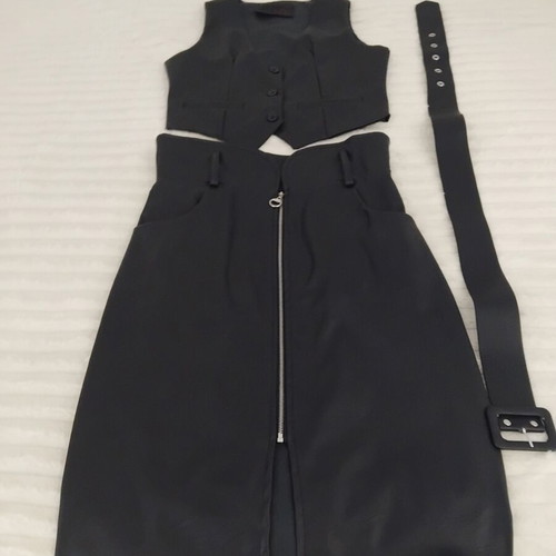 Leather set like new, vest and midi skirt with belt, black