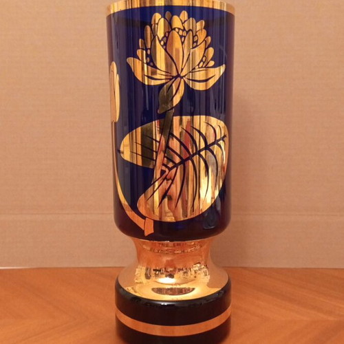 Vintage Bohemian Crystal Vase Cobalt Blue with 24K Liquid Gold