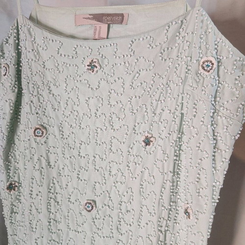 Mini dress with embroidered beads and flowers like new, turquoise