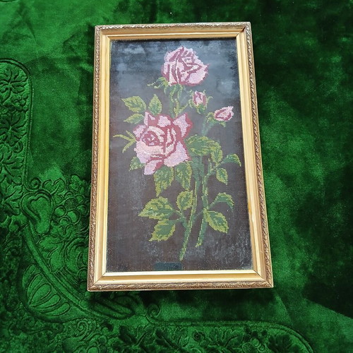 Framed embroidery with pink roses
