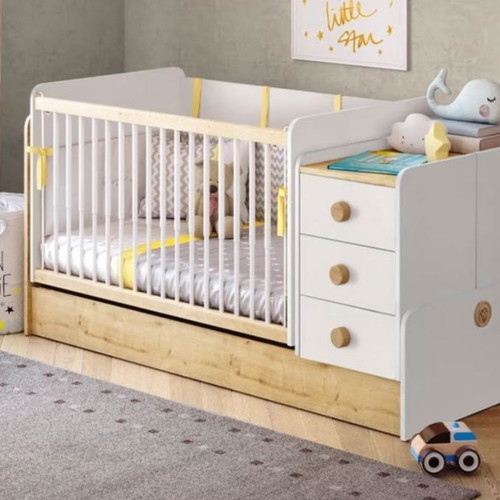 Cilek Natura Baby Cot Convertible Bed with Nightstand and Mattress used