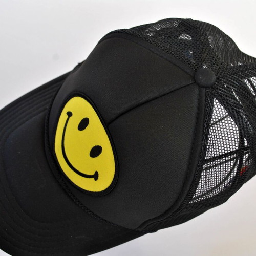 Aviator Nation Smiley Vintage Trucker Hat, black and yellow