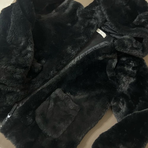 H&M fur jacket with hood and ears, black, like new, 10-12 years