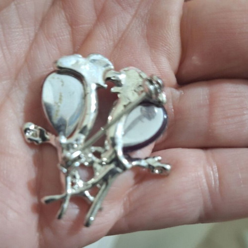 Vintage lovebirds brooch pin used, pink and silver