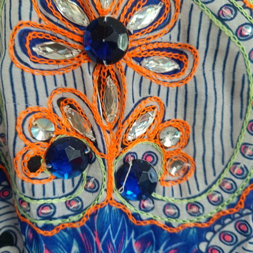Caftan blouse like new, summer style with tassels, blue multicolor