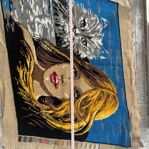 Embroidery with woman and cat used 69x56 cm for decoration