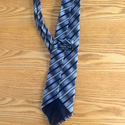 Sheng Kai silk tie, blue and grey striped, hand made