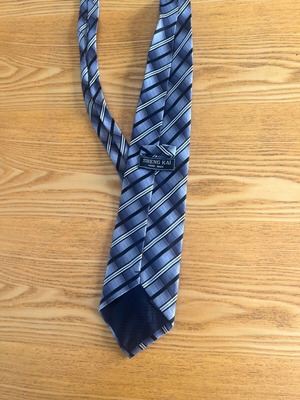 Sheng Kai silk tie, blue and grey striped, hand made