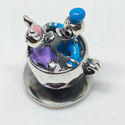 Disney Parks Silver Charm with Donald and Daisy in Tea Cup, like new
