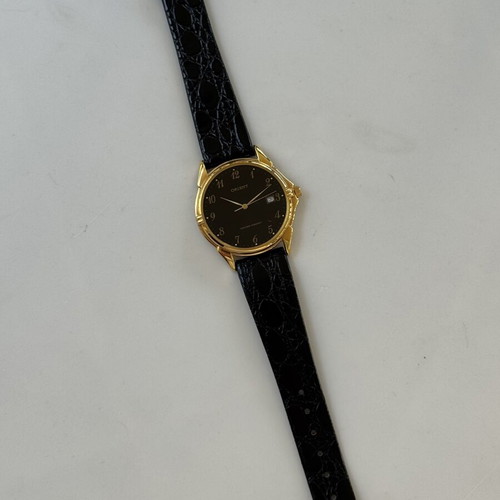 Orient Classic watch new, steel gold, leather strap, quartz