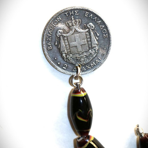 Begleri with 2 Drachma coin King George Murano crystals, silver, handmade