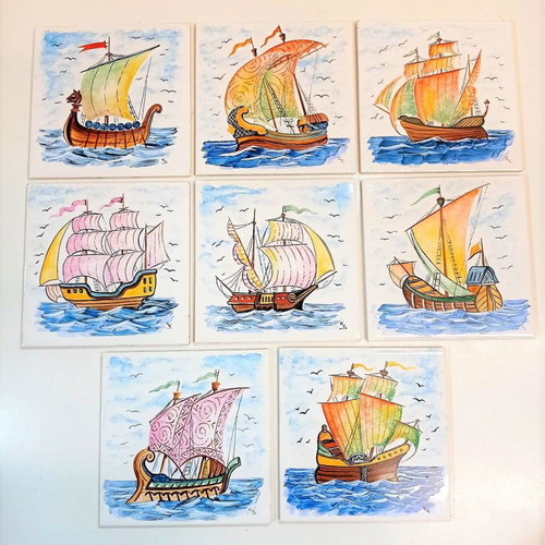 Villeroy and Boch set of eight ceramic tiles from the 1960s like new with sailing ship paintings