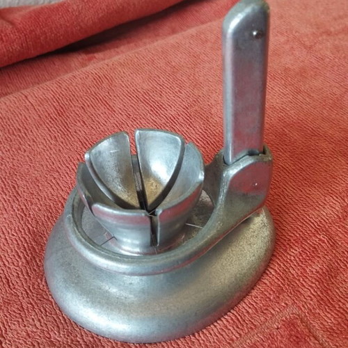 Egg slicer vintage made of pewter used, height 10 cm