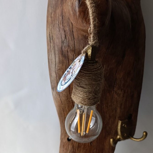 Handcrafted Driftwood Wall Lamp with Vintage Coat Hooks