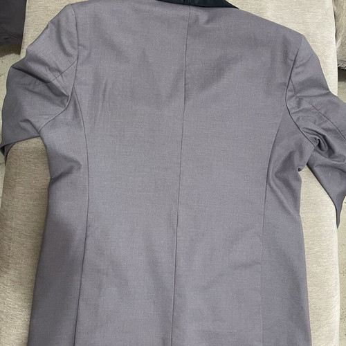 Light Grey Tuxedo Suit Set with Black Satin Shawl Collar, Size L