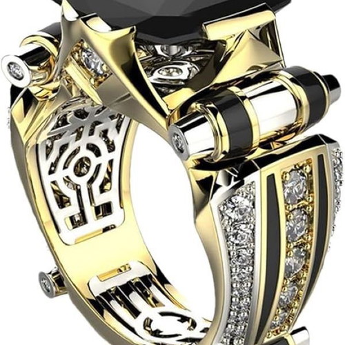 Men's vintage ring with rectangular black zircon new, gold and silver