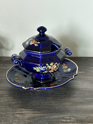 Vintage Italian cobalt blue sugar bowl used with floral design