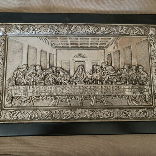 Last Supper picture used, wood frame, silver-plated metal