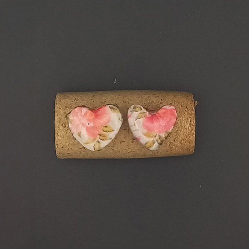 Handmade ceramic heart earrings with decoupage and glass coating, new