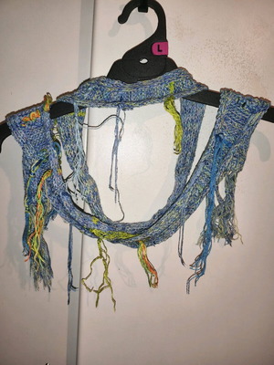 Knitted scarf used, thin narrow, blue multicolor