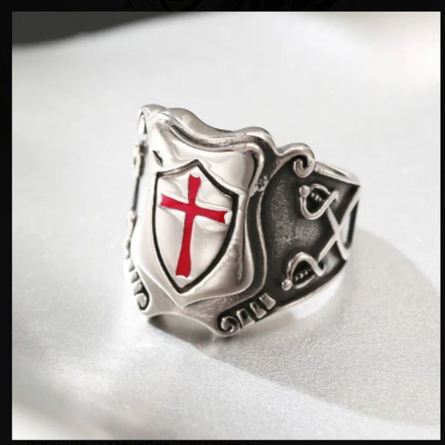 Knights Ring with Shield and Red Medieval Cross new