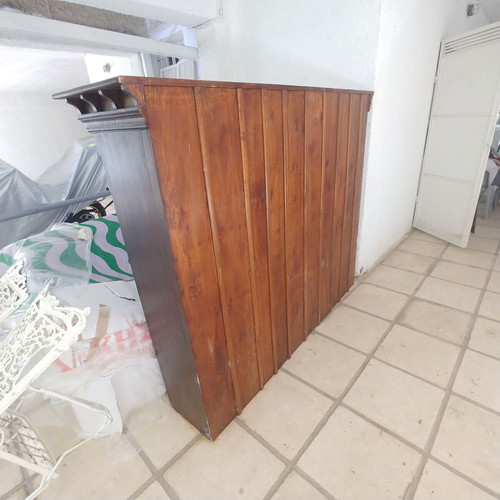 Two-piece walnut wood furniture unit with glass shelves