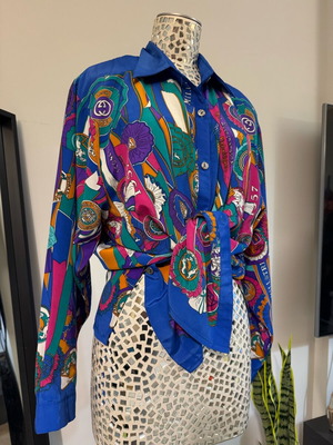 Vintage satin shirt blouse like new, blue multicolor