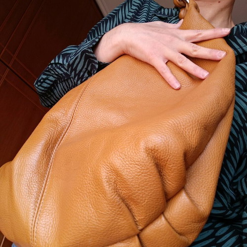 Leather shoulder bag used, brown tan with fabric lining
