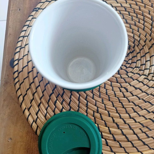 Jacobs reusable clay mug with rubber handle like new