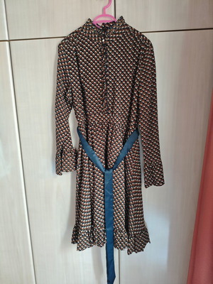 Axel women's dress used brown with beige pattern and blue belt