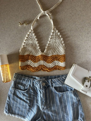Zara women's halter neck crochet crop top, orange and cream