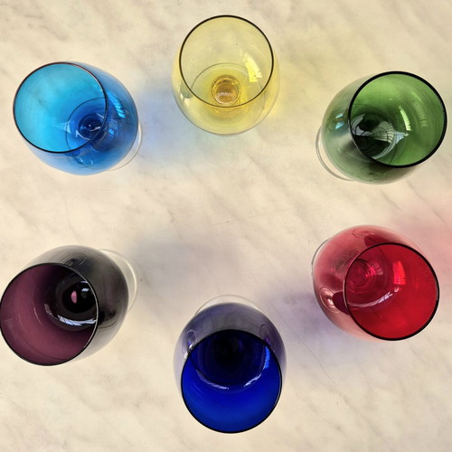 Vintage set of 6 colored balloon cognac glasses used