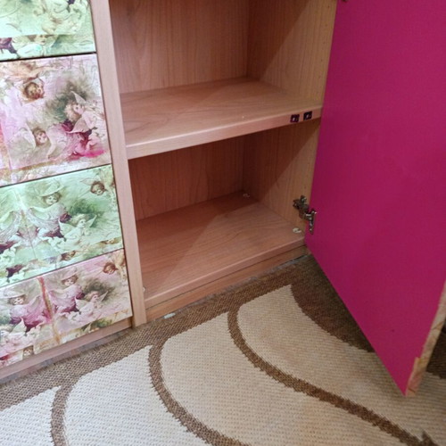 Desk with bookshelf and multiple storage spaces used
