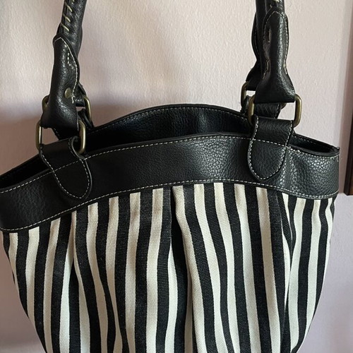 Oasis Handbag like new, black and white striped canvas with bronze details