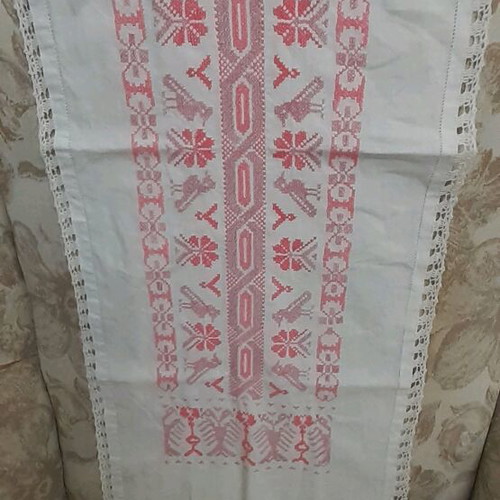 Cross Stitch Embroidery Table Linen handmade, vintage, 99 cm