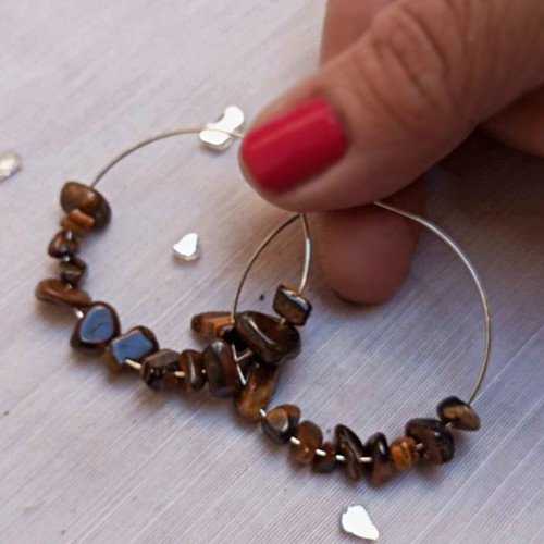 Tiger's Eye Stone Hoop Earrings new, beige and brown
