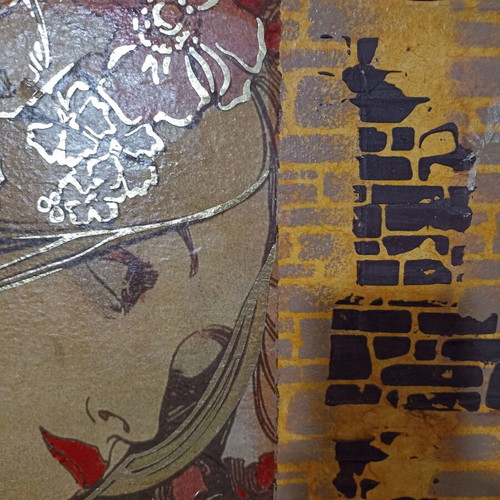 Decoupage frame female figure new, wooden stretcher with canvas