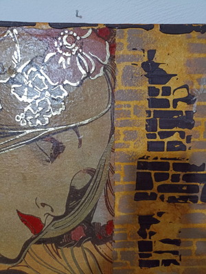 Decoupage frame female figure new, wooden stretcher with canvas