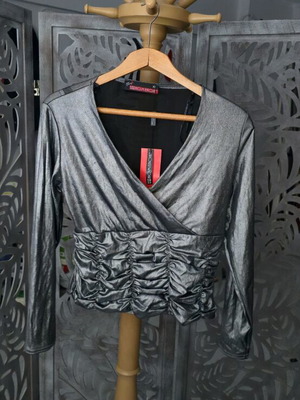 Phenomenon Metallic Silver Ruched Wrap Blouse new with tags