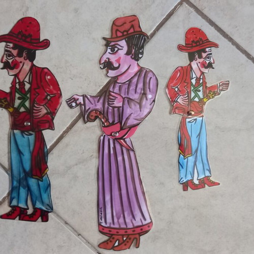 Shadow theater figures used, set of 3 Stavrakas characters