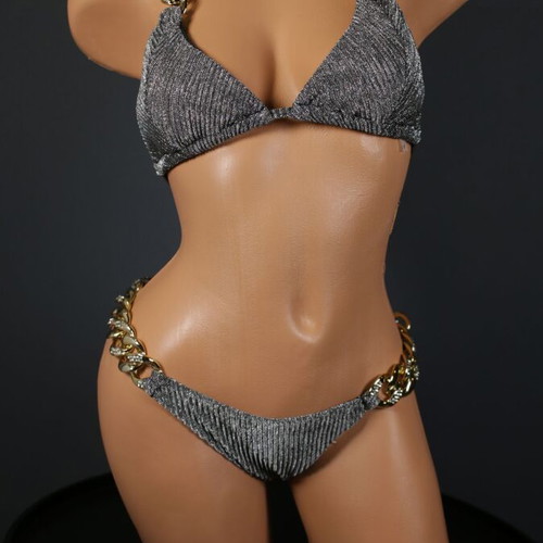 Bikini two-piece silver glitter with gold rings and shiny stones new
