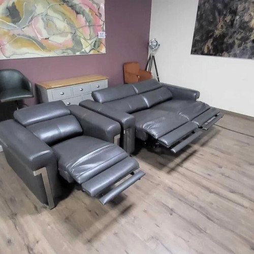 Moreno gray leather three-seater sofa and armchair with electric relax mechanism new