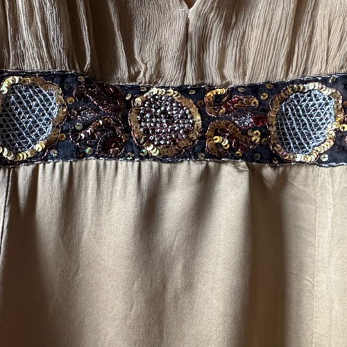 Long silk dress like new, beige and gold with decorative belt